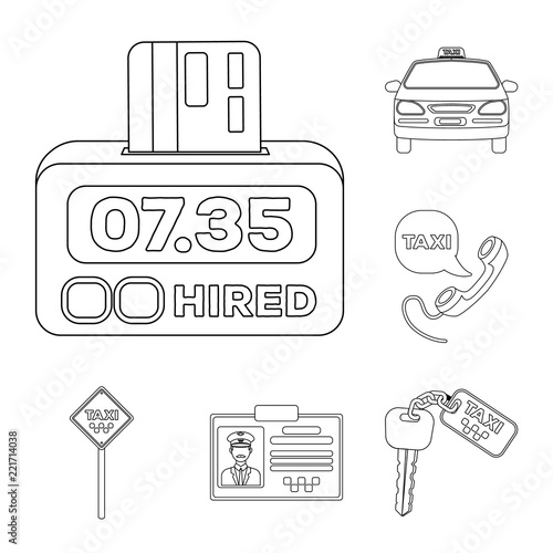 Taxi service outline icons in set collection for design. Taxi driver and transport vector symbol stock web illustration.