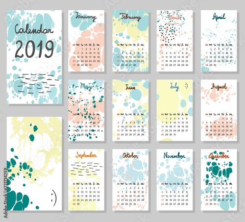 Hand drawing vector Calendar 2019. Abstract painting templates. Week starts from Sunday.