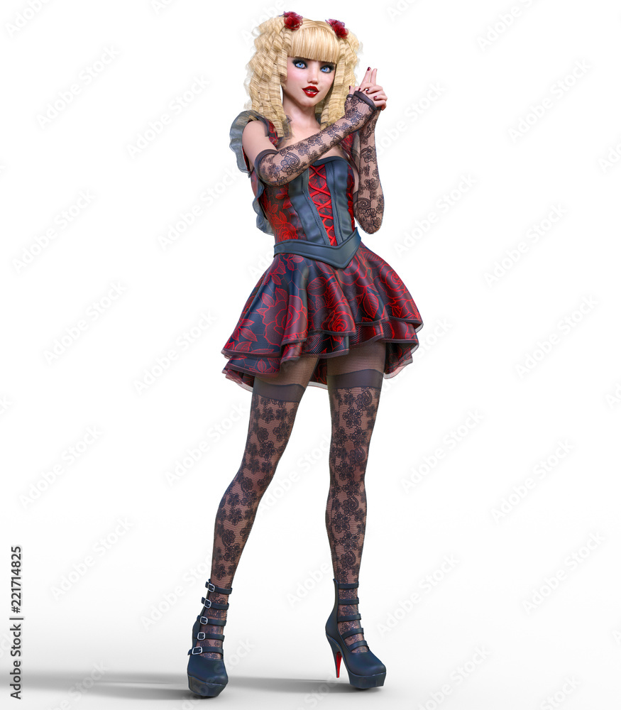 Young beautiful girl with doll face posing photo shoot. Short dark red dress, stockings, shoes. Long blonde hair. Bright goth make up. Conceptual fashion art. Realistic 3D render illustration. Young beautiful girl with doll face posing photo shoot. Short dark red dress, stockings, shoes. Long blonde hair. Bright goth make up. Conceptual fashion art. Realistic 3D render illustration.