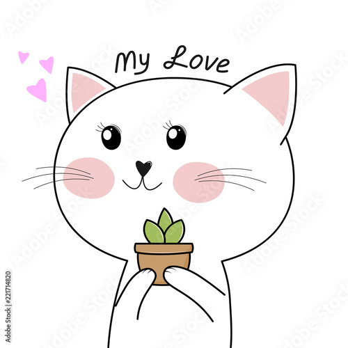 Cute kitten holding a flower isolated on white background.