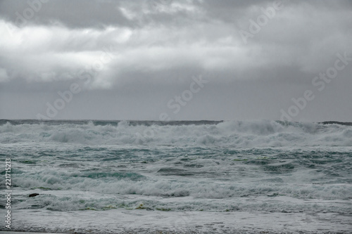 Waves and cloudy sky in the ocean shore