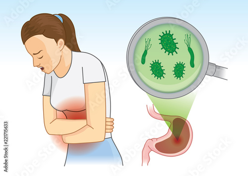 Woman suffering from stomach pain symptom because bacterial. Concept Illustration about hygiene and health. photo