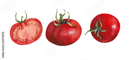 Two whole ripe tomatoes and half of a tomatoon white background.