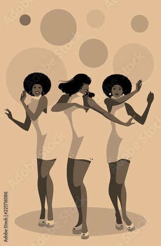 Three beautiful singers and soul dancers in the style of the sixties