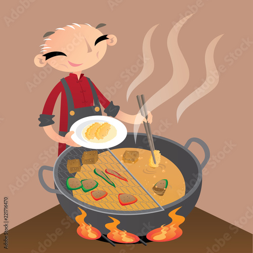 A Chinese old man preparing some street snacks by deep-frying them in a big wok