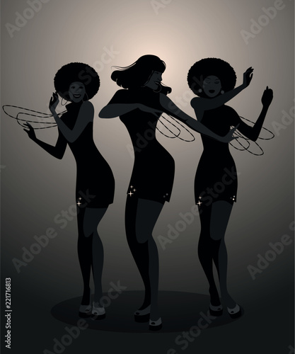 Silhouettes of three dancer and soul singer in the style of the sixties