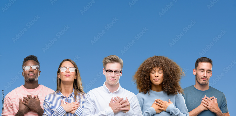 Composition of group of friends over blue blackground smiling with hands on chest with closed eyes and grateful gesture on face. Health concept. Composition of group of friends over blue blackground smiling with hands on chest with closed eyes and grateful gesture on face. Health concept.