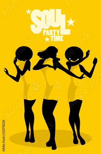 Silhouettes of three dancer and soul singer in the style of the sixties