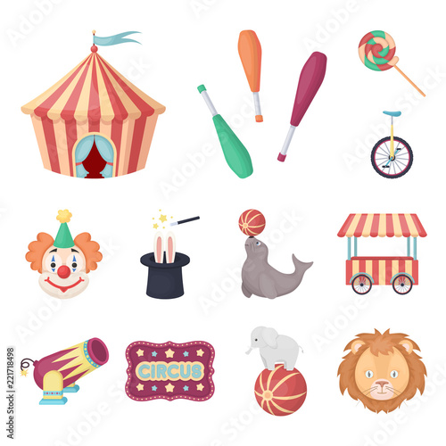Circus and attributes cartoon icons in set collection for design. Circus Art vector symbol stock web illustration.