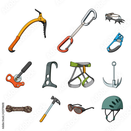 Mountaineering and climbing cartoon icons in set collection for design. Equipment and accessories vector symbol stock web illustration.