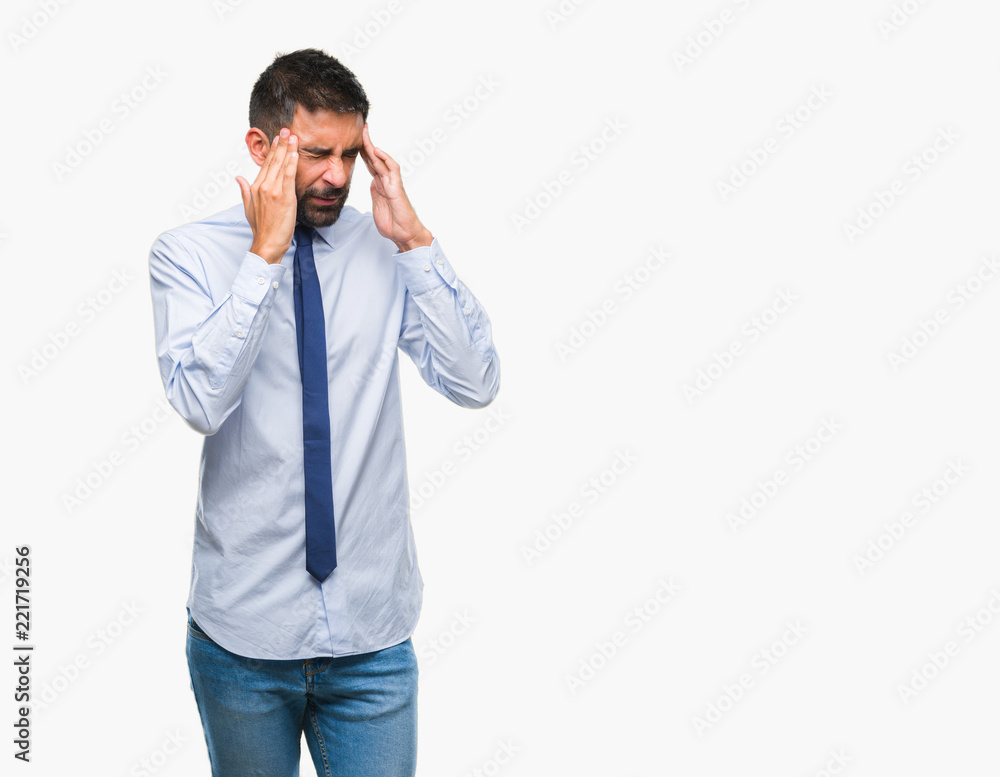 Adult hispanic business man over isolated background with hand on head for pain in head because stress. Suffering migraine. Adult hispanic business man over isolated background with hand on head for pain in head because stress. Suffering migraine.