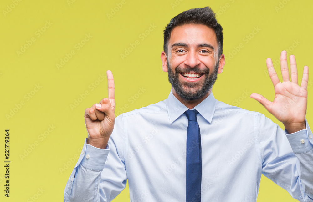 Adult hispanic business man over isolated background showing and pointing up with fingers number six while smiling confident and happy. Adult hispanic business man over isolated background showing and pointing up with fingers number six while smiling confident and happy.