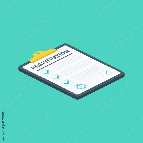 Isometric Registration clipboard with checklist. Man hold in hand clipboard agreement. Flat design, vector illustration on background.