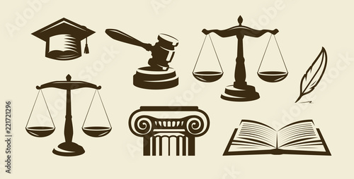 Justice set of icons. Lawyer, advocate, law symbol. Vector illustration
