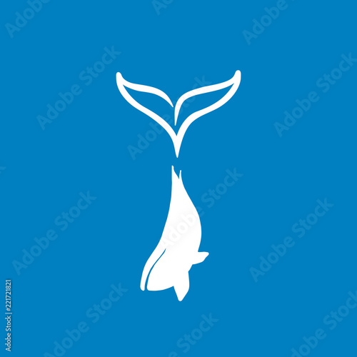 Vector illustration of blue whale silhouette with big tail logotype. Whale logo