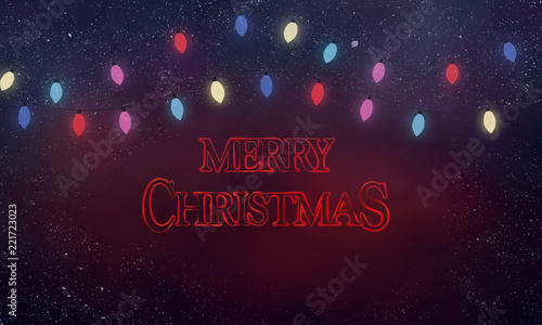 Spooky stranger things  Christmas card 80s scary style with Christmas lights and red text Merry Christmas  and snow in background