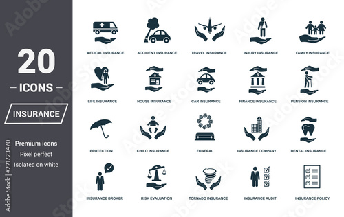 Insurance icons set. Premium quality symbol collection. Insurance icon set simple elements. Ready to use in web design, apps, software, print.