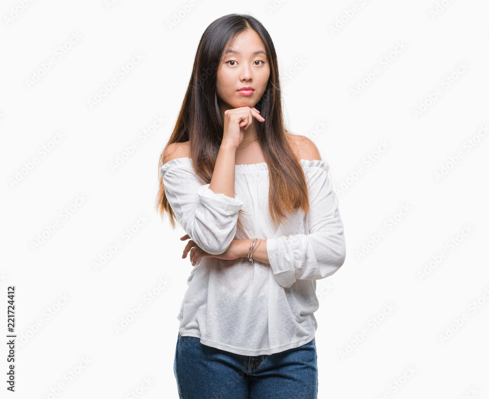 Young asian woman over isolated background with hand on chin thinking about question, pensive expression. Smiling with thoughtful face. Doubt concept. Young asian woman over isolated background with hand on chin thinking about question, pensive expression. Smiling with thoughtful face. Doubt concept.