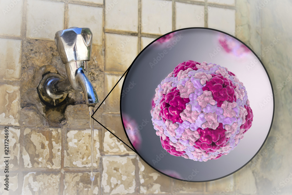 Safety of drinking water concept, 3D illustration showing Hepatitis A