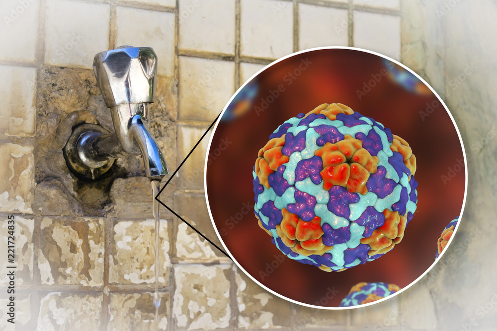 Safety of drinking water concept, 3D illustration showing Hepatitis A