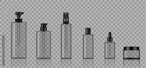 Mock up Realistic Transparent Bottle Cosmetic Soap, Shampoo, Cream, Oil Dropper and Spray Set for Skincare Product With Black Cap Background Illustration