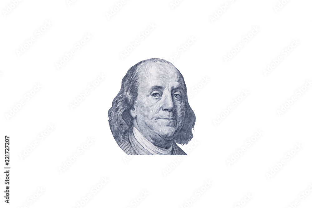 Benjamin Franklin face on one hundred US Dollar bill. United states money.