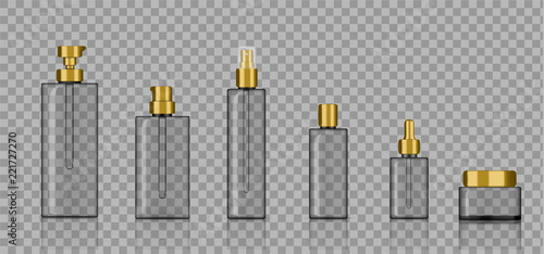 Mock up Realistic Transparent Bottle Cosmetic Soap  Shampoo  Cream  Oil Dropper and Spray Set for Skincare Product With Gold Cap Background Illustration