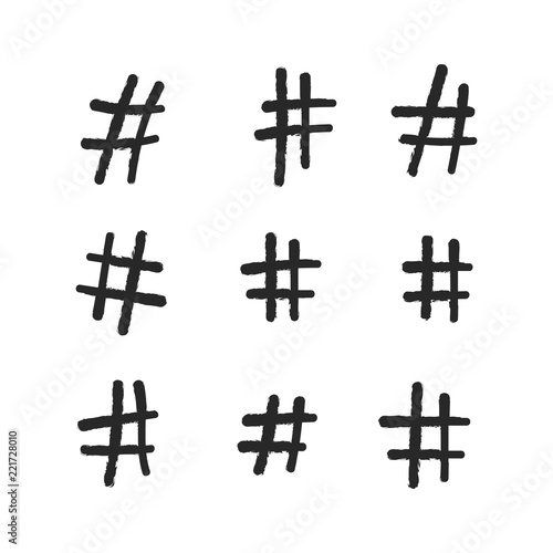 Hashtag vector hand drawn icons. Hashtag ink paint color brush stroke