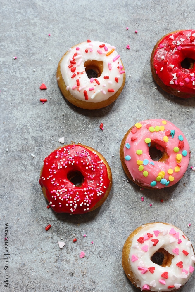 Homemade Colorful Frosted Mini Donuts or Cake Doughnuts  top view