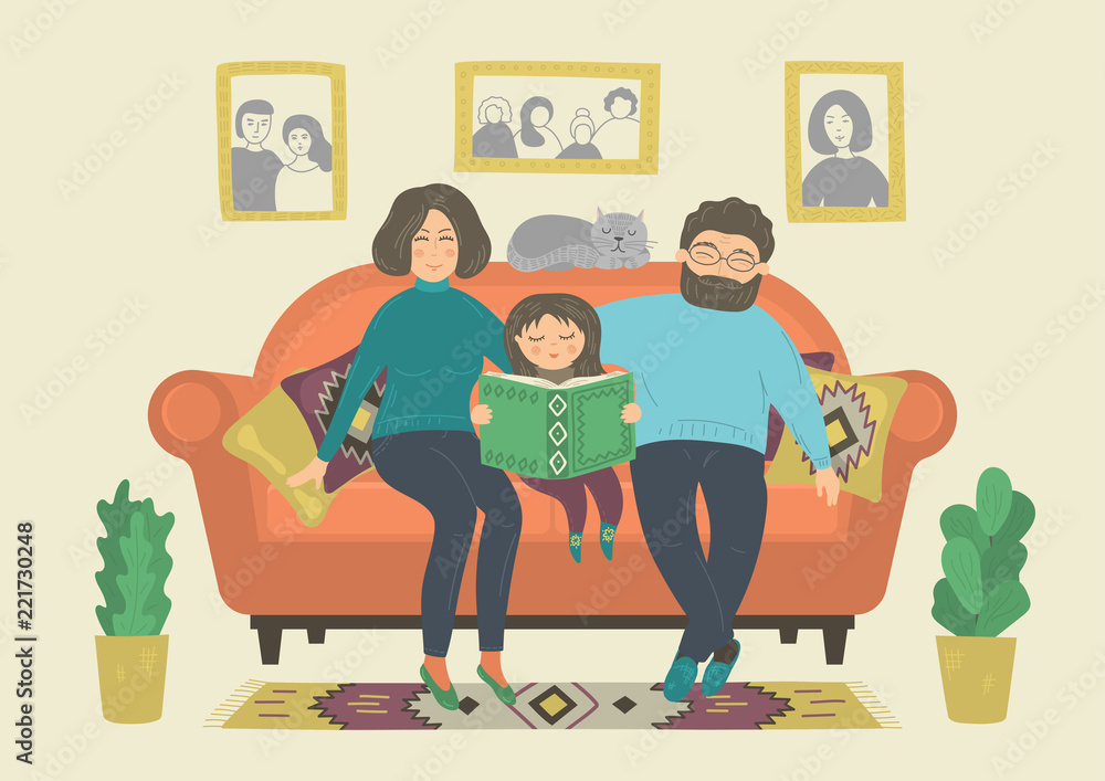Happy family sit on sofa at home. Cozy home.  Parents with daughter. Original vector illustration.