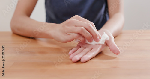 Woman suffer from hand perspiration photo