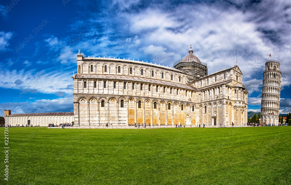 Pisa Cathedral with the Leaning Tower of Pisa on Piazza dei Miracoli in Pisa, Tuscany, Italy 