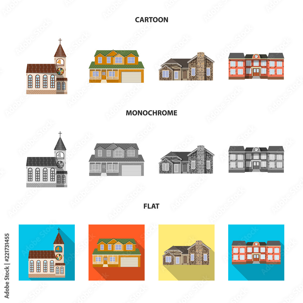 Isolated object of building and front logo. Set of building and roof stock vector illustration.