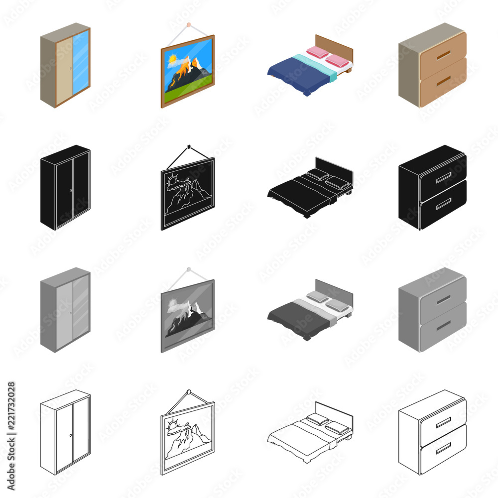 Isolated object of bedroom and room logo. Set of bedroom and furniture stock symbol for web. Isolated object of bedroom and room logo. Set of bedroom and furniture stock symbol for web.