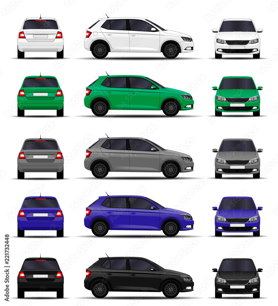 realistic cars set. hatchback. front view, side view, back view.