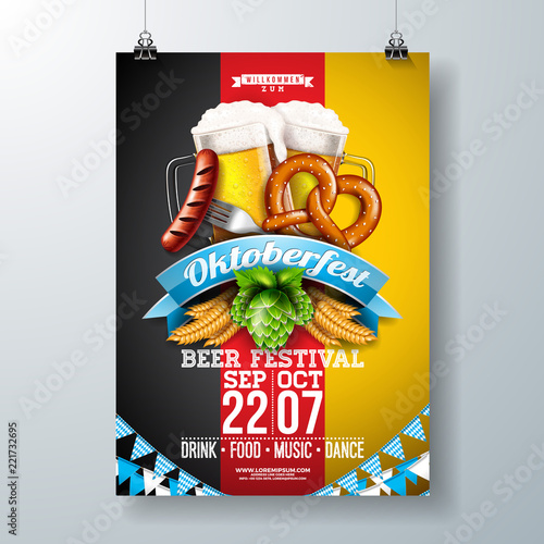 Oktoberfest party poster illustration with fresh lager beer, pretzel, sausage and wheat on German national flag background. Vector celebration flyer template for traditional German beer festival.