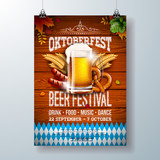 Oktoberfest party poster illustration with fresh lager beer, pretzel, sausage and blue and white party flag on shiny yellow background. Vector celebration flyer template for traditional German beer