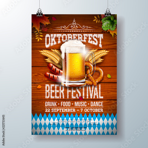 Oktoberfest party poster illustration with fresh lager beer, pretzel, sausage and blue and white party flag on shiny yellow background. Vector celebration flyer template for traditional German beer