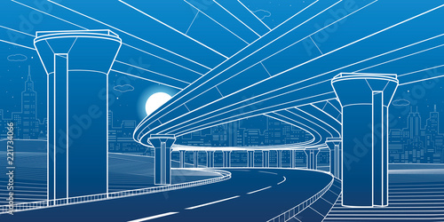 City architecture and infrastructure illustration, automotive overpass, big bridges, urban scene. Night town. White lines on blue background. Vector design art