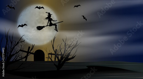 Halloween background night with flying young witch to background full moon above the cemetery. Vector illustration.