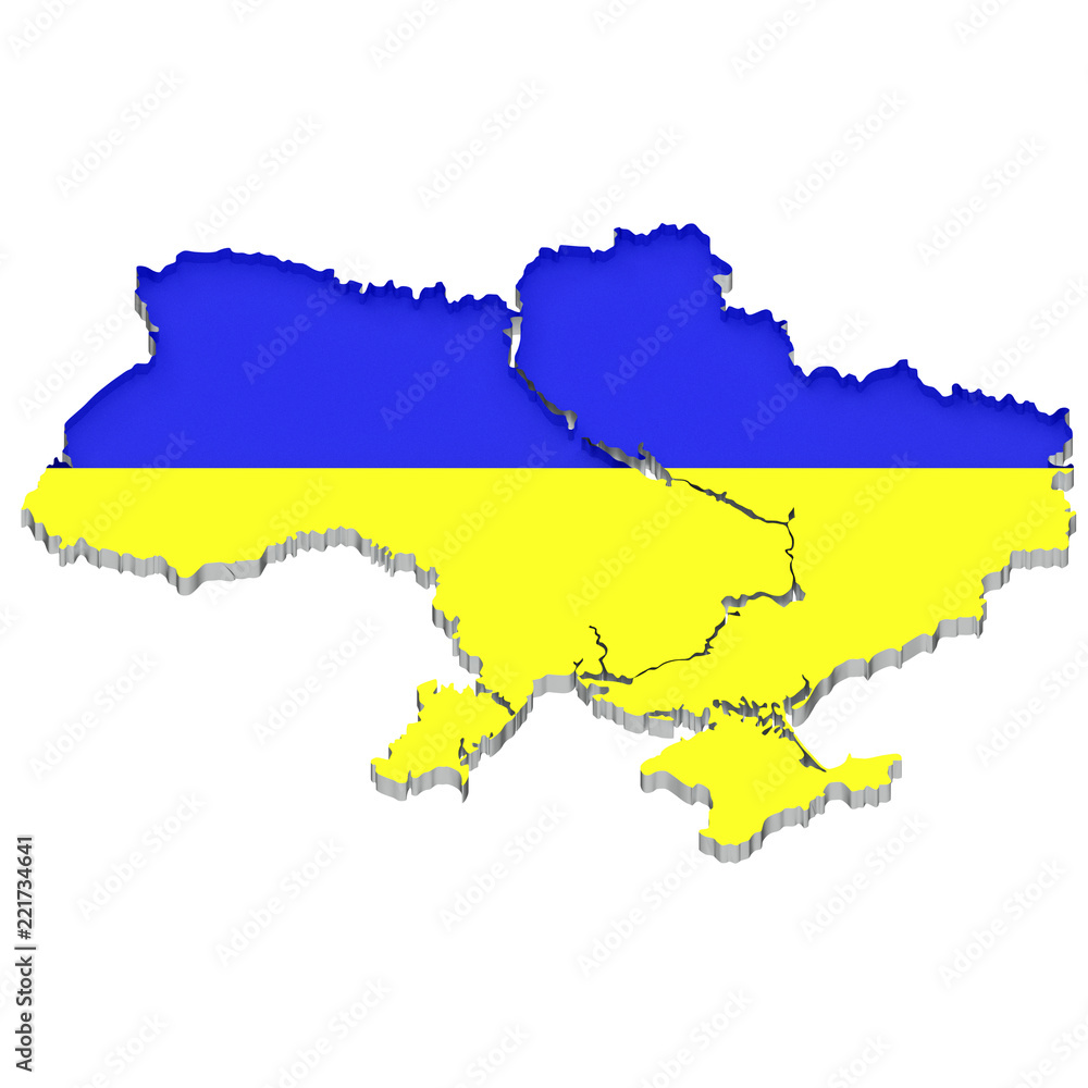 3D Map of Ukraine with flag colors. 3d illustration, isolated on white 3D Map of Ukraine with flag colors. 3d illustration, isolated on white
