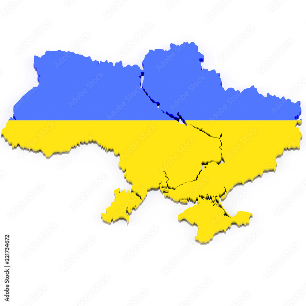 3D Map of Ukraine with flag colors. 3d illustration, isolated on white with shadow. 3D Map of Ukraine with flag colors. 3d illustration, isolated on white with shadow.