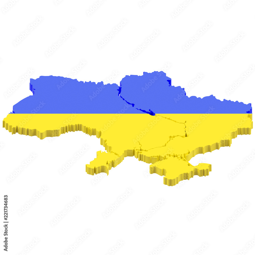 3D Map of Ukraine with flag colors. 3d illustration, isolated on white 3D Map of Ukraine with flag colors. 3d illustration, isolated on white