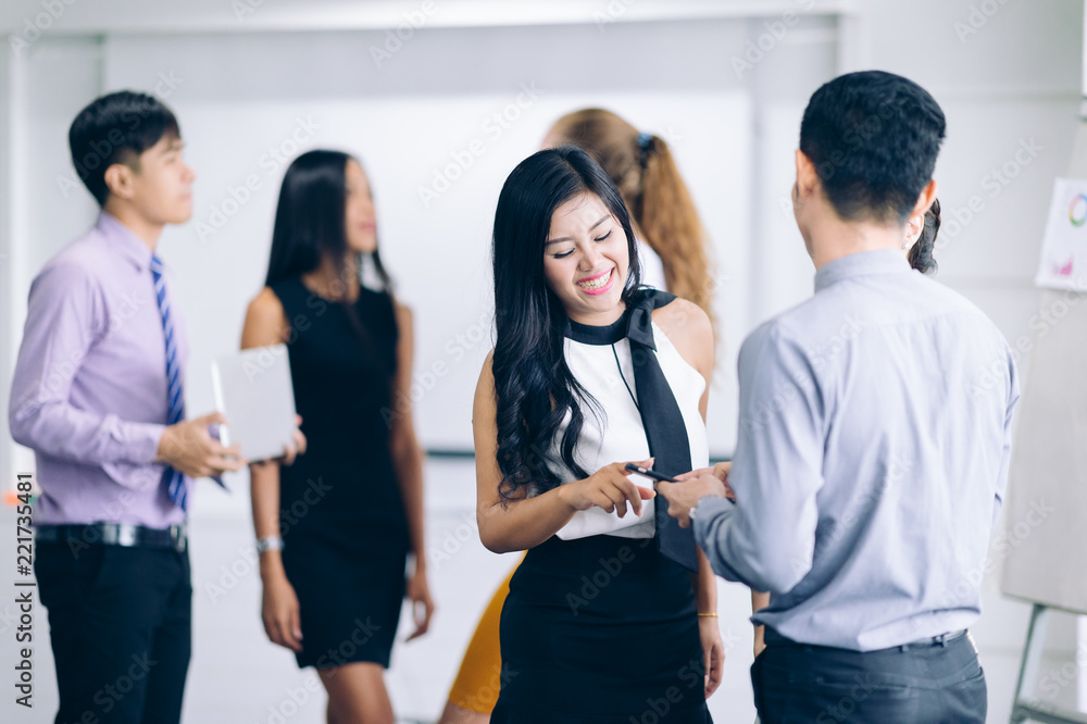 Team people conversation in seminar conference room.Business Group discussing analyzing and planning strategy business