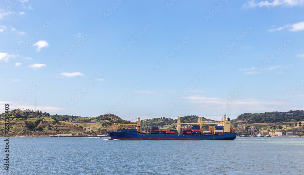 Marine industrial trailer tanker, crosses the river Tagus. Tejo