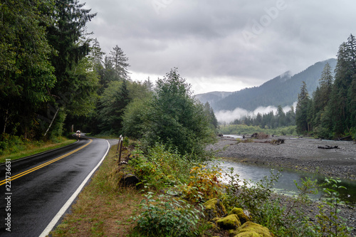Upper Hoh road follows The Hoh River on the Olympic Peninsula of Washington state