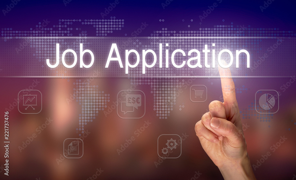 A hand selecting a Job Application business concept on a clear screen with a colorful blurred background. A hand selecting a Job Application business concept on a clear screen with a colorful blurred background.