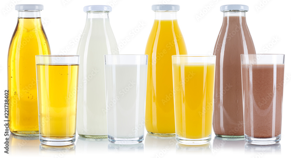 Apfelsaft Orangensaft Saft Milch Kakao Flasche Glas freigestellt Freisteller isoliert Apfelsaft Orangensaft Saft Milch Kakao Flasche Glas freigestellt Freisteller isoliert