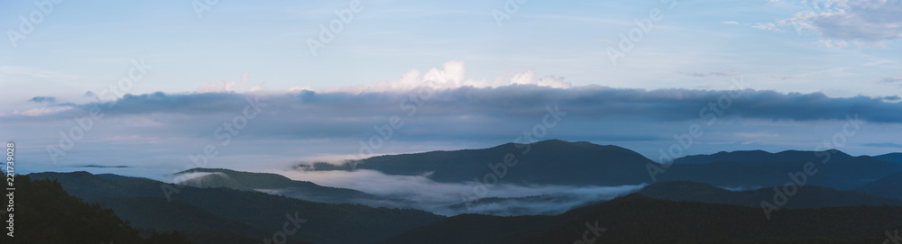 Fog settles between mountains in Shenandoah National Park, VA on a foggy morning.