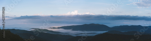 Fog settles between mountains in Shenandoah National Park  VA on a foggy morning.